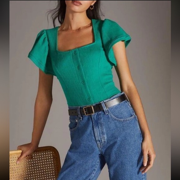 Anthropolgie Dolan Green Left Coast Structured Flutter Top Small - Picture 3 of 11